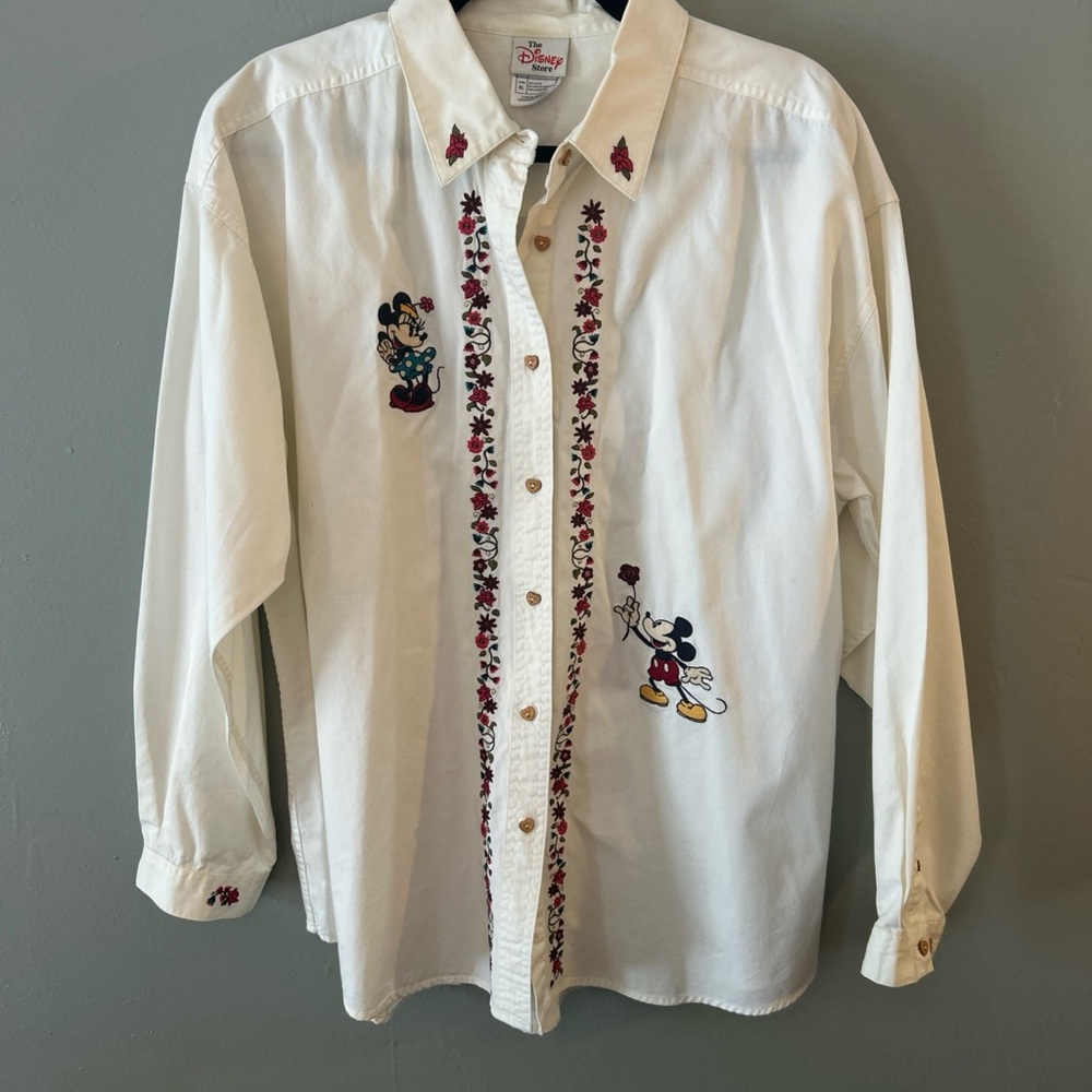 VTG Disney Store Long Sleeve Shirt Mickey Minnie Love Romance Embroider Size XL